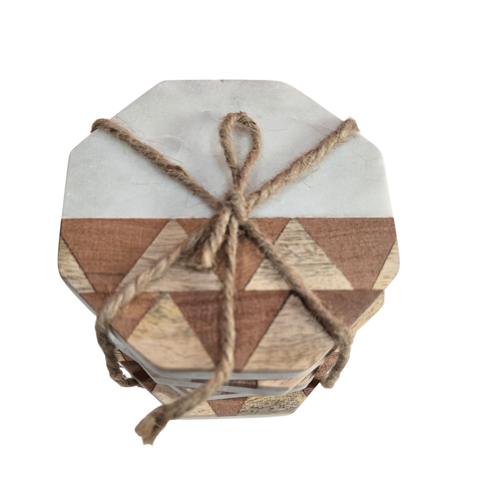 Octagon White Marble and Wood Inlay Heavy Coaster Set of 4 Geometric White Brown